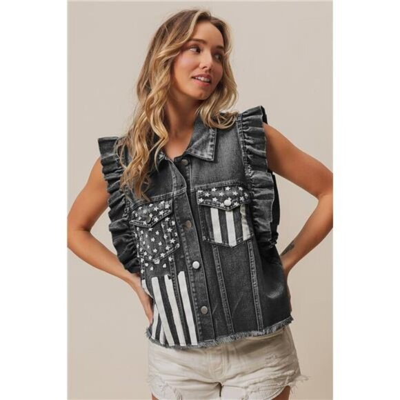 BiBi American Flag Washed Denim Jacket - Picture 1 of 3